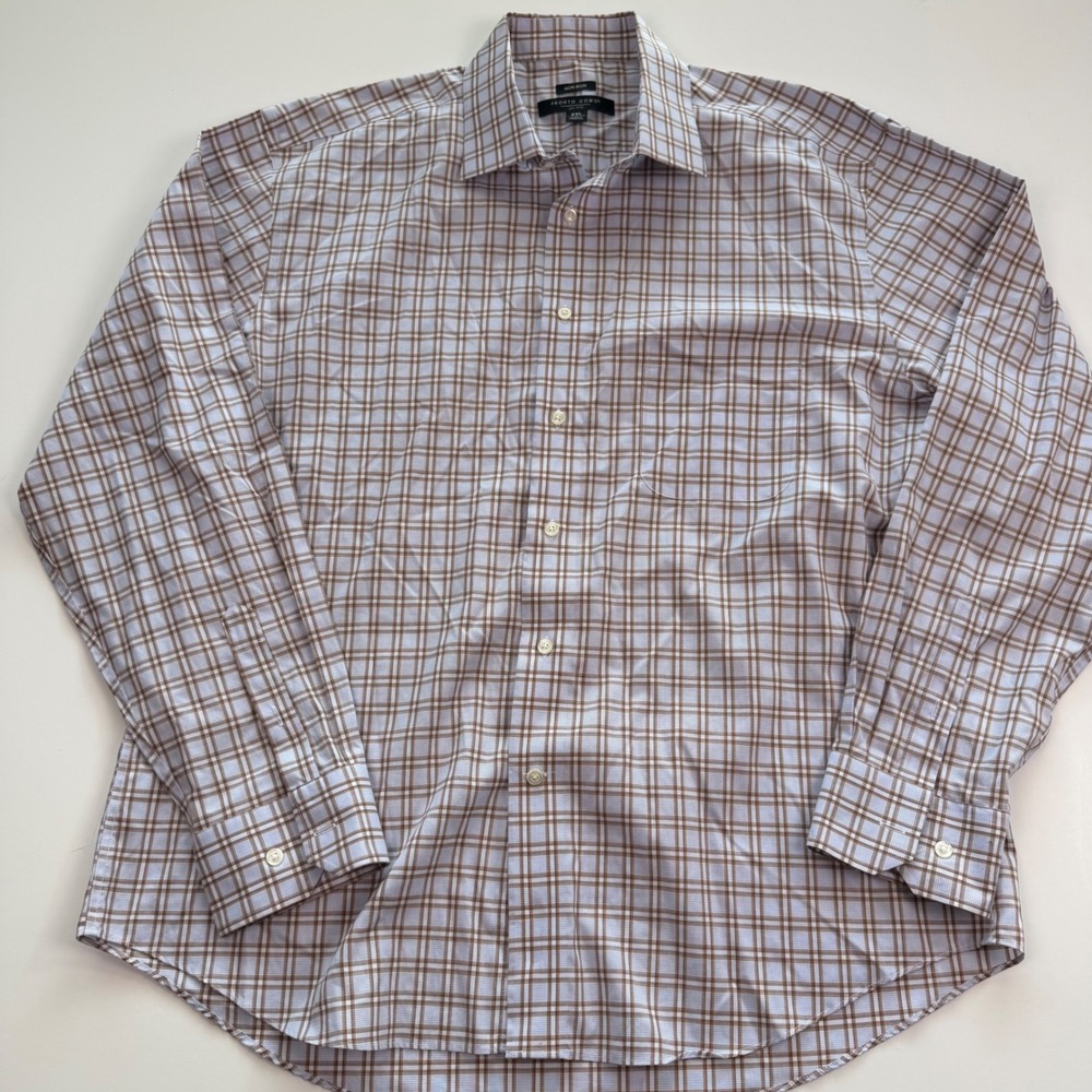 Pronto Uomo Mens XXL Blue Brown Plaid Non Iron Cotton Long Sleeve Dress Shirt